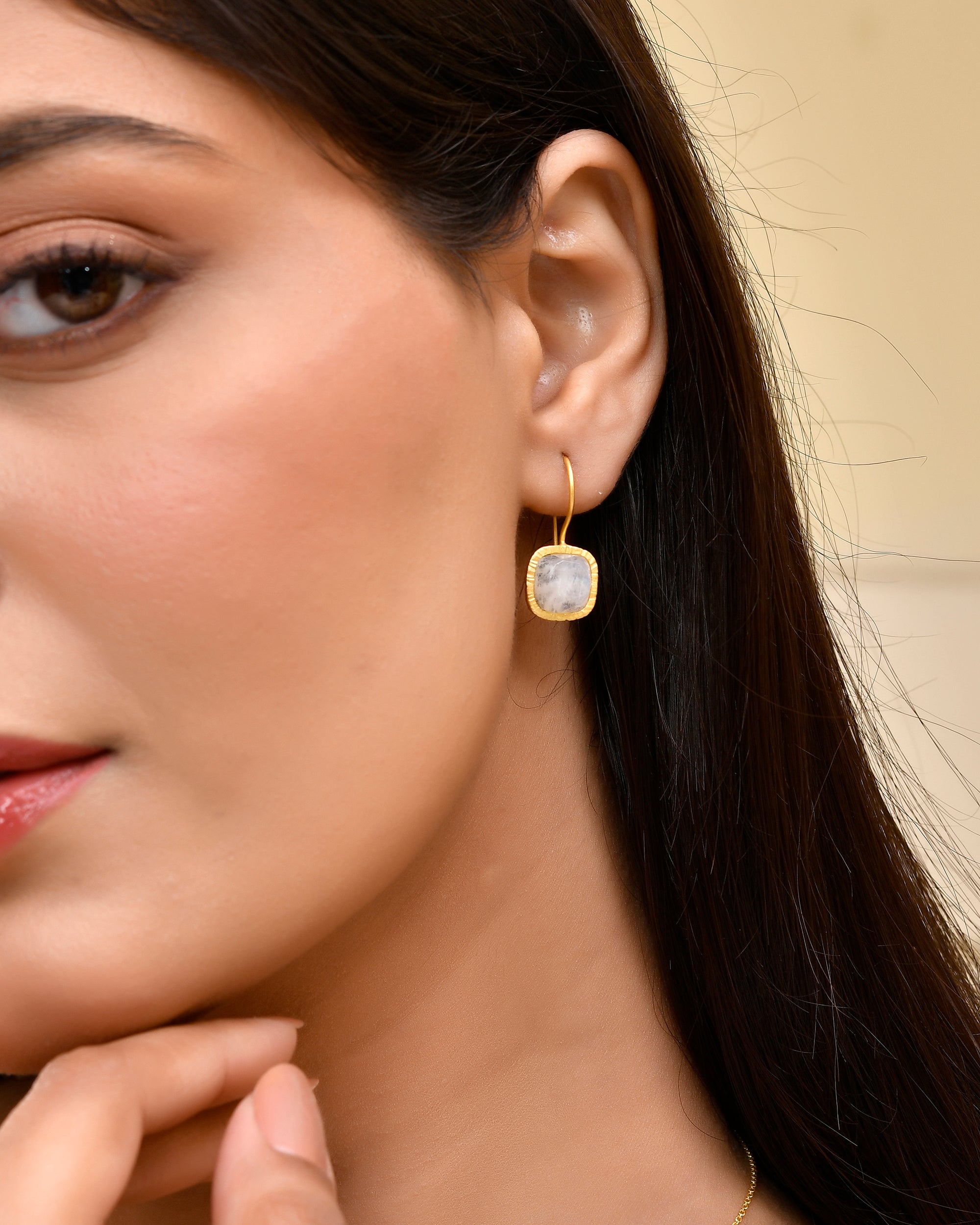 Rainbow Moonstone Square Checkerboard Earrings
