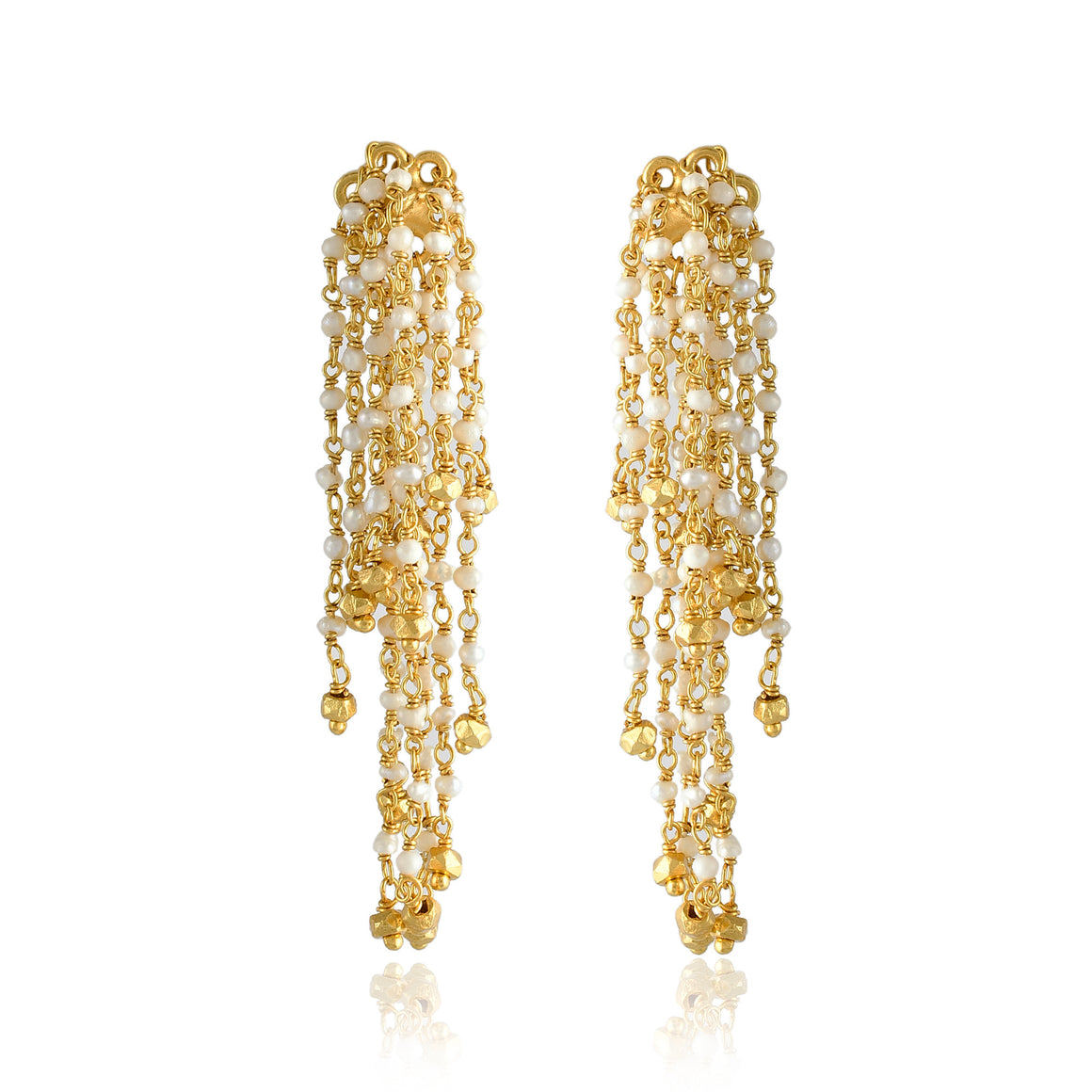 Pearls Waterfall with gold beads. Post. L: 2.5"