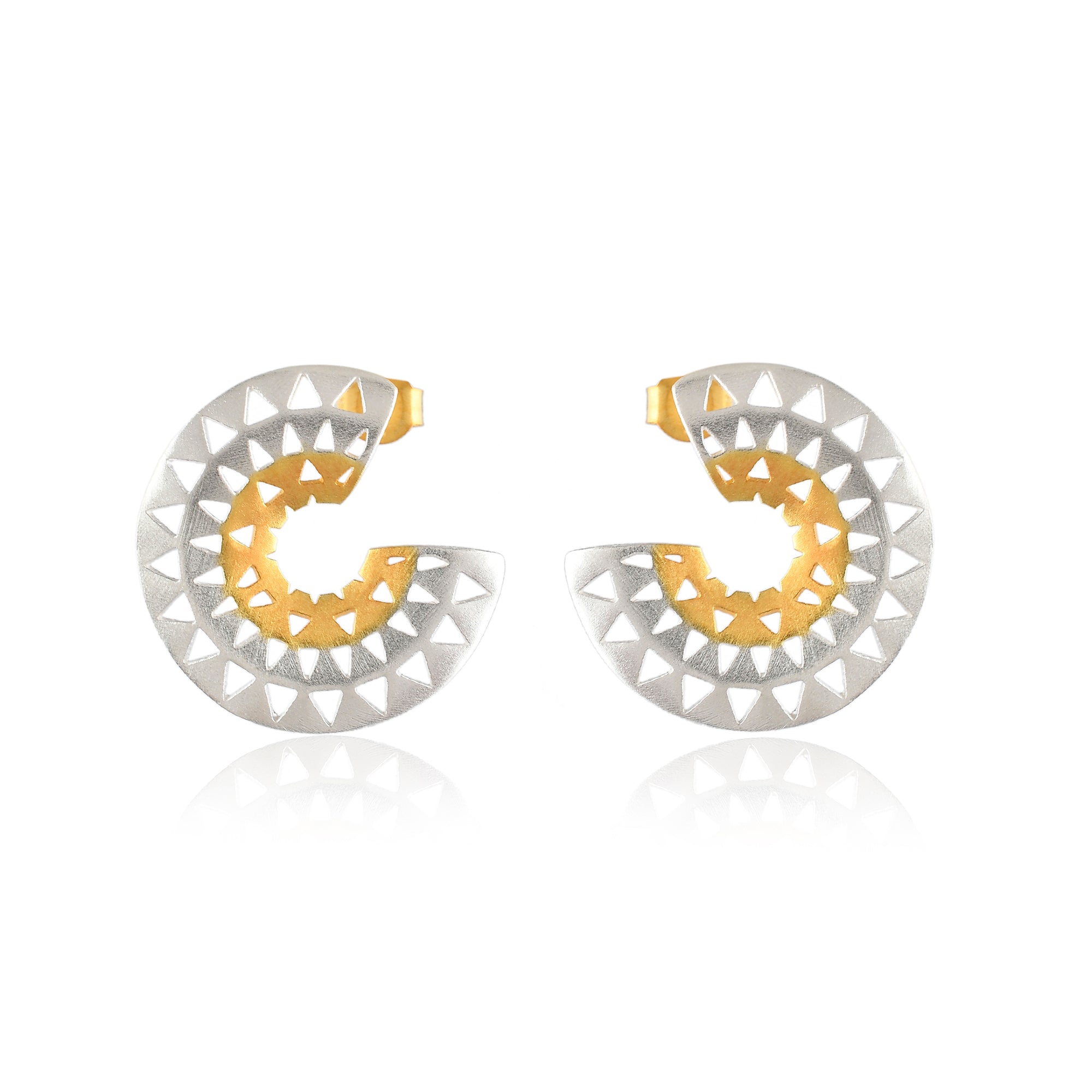 Two Tone Gold Silver cut three quarter hoops with post