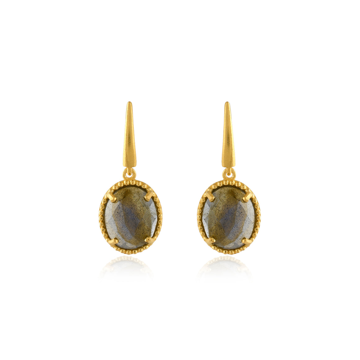 Labradorite in prong setting hanging from gold post