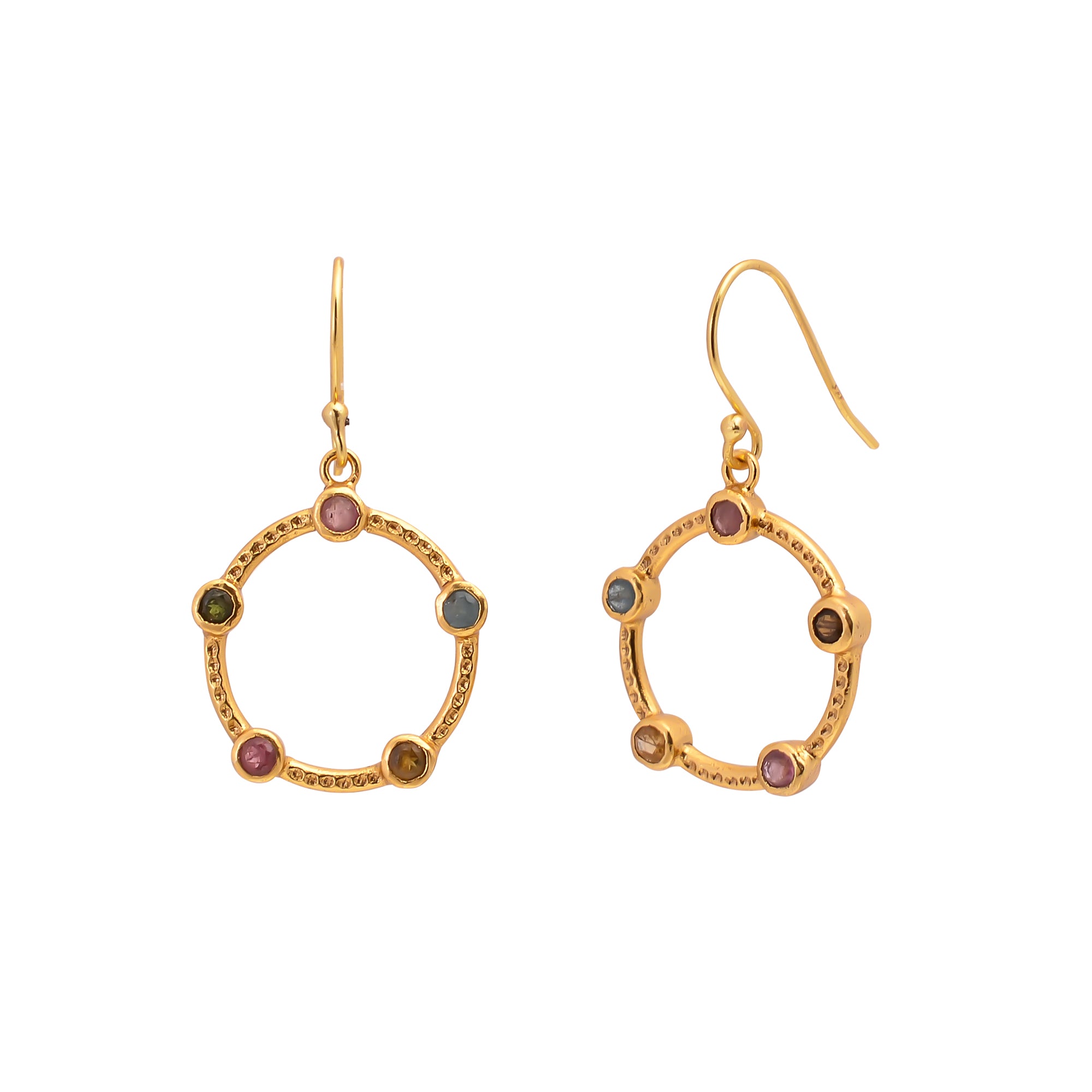 Hand Crafted Textured Circle embedded with Multi Tourmalines. Dia .75"