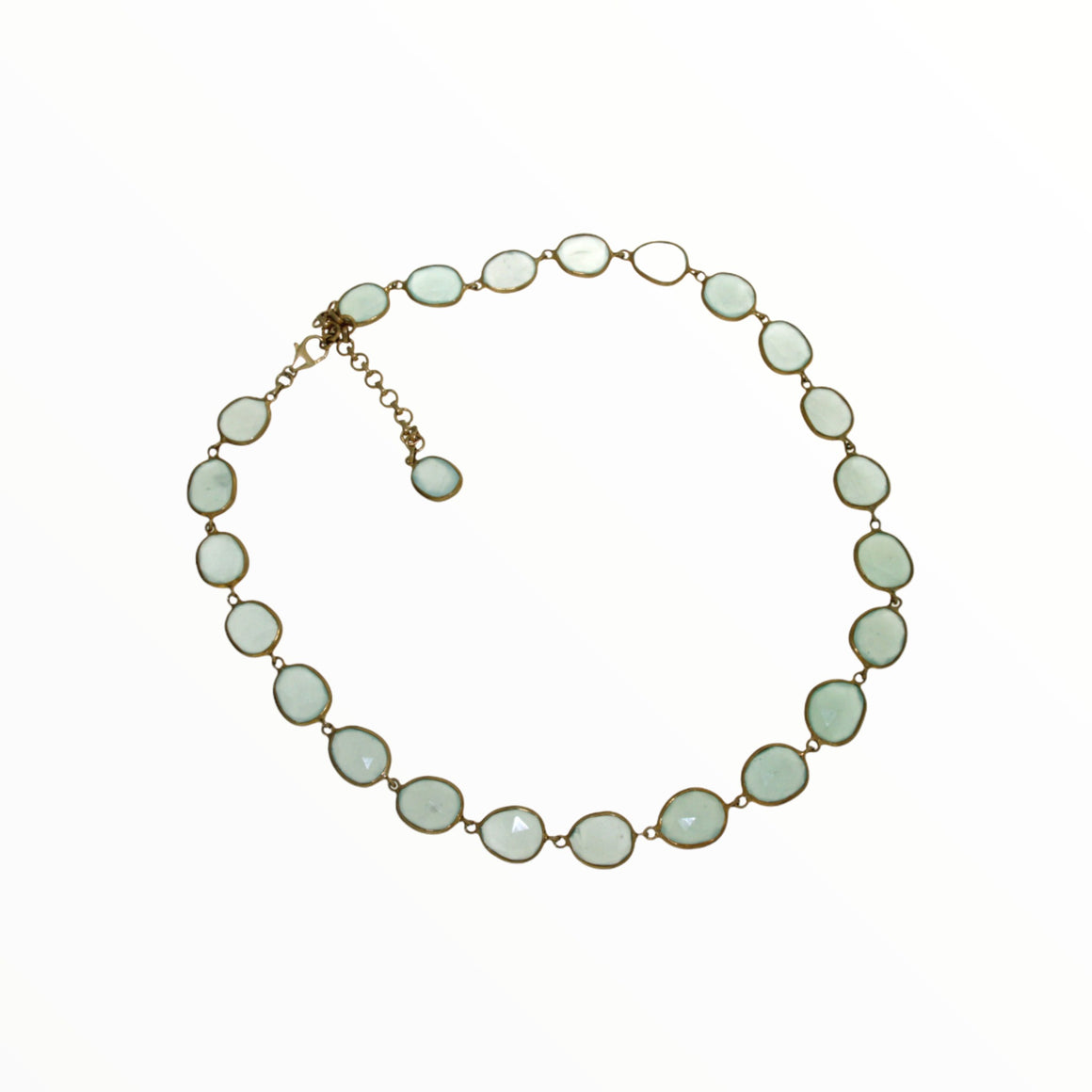 Organic oval shaped aqua chalcedony in a necklace