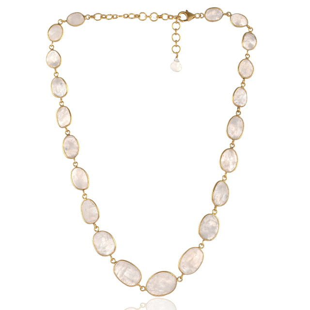 Hand crafted organic oval shaped Rainbow Moonstone in a necklace