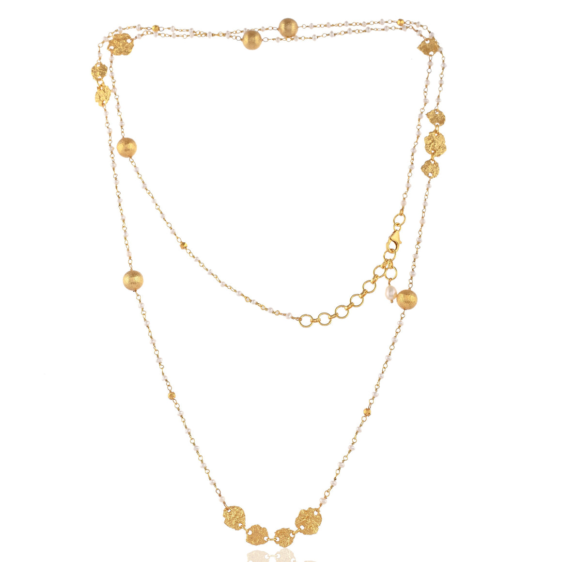 Hand wire strung pearls with textured balls and disc