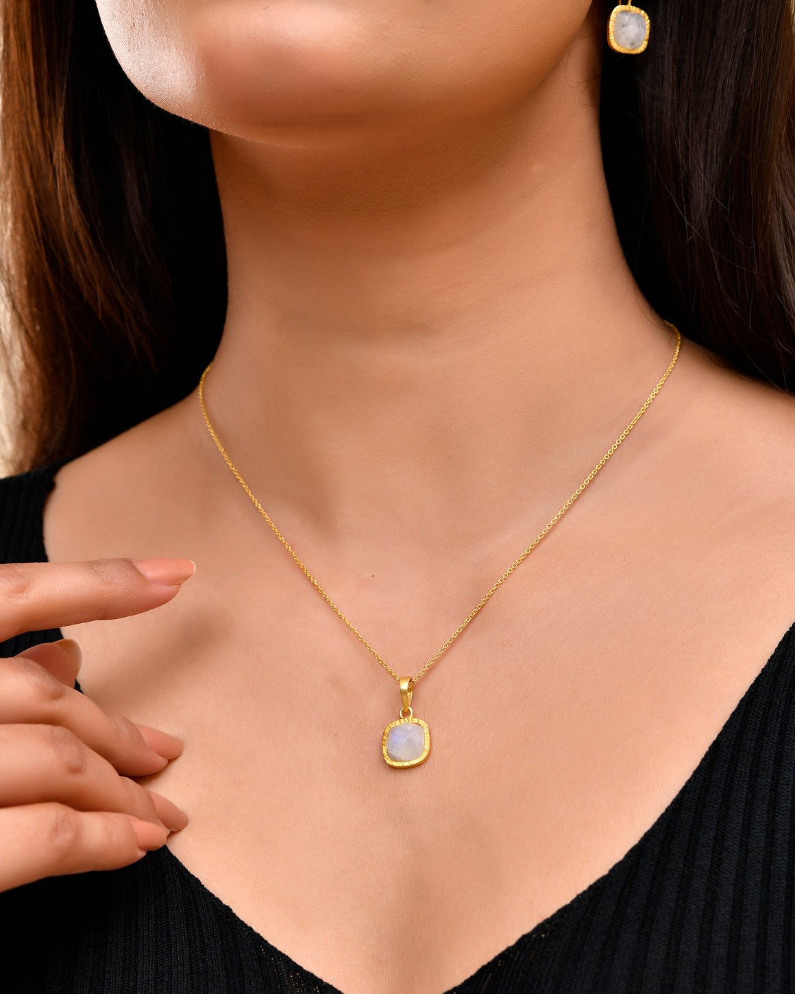 Rainbow Moonstone Square Checker Cut Pendant Necklace