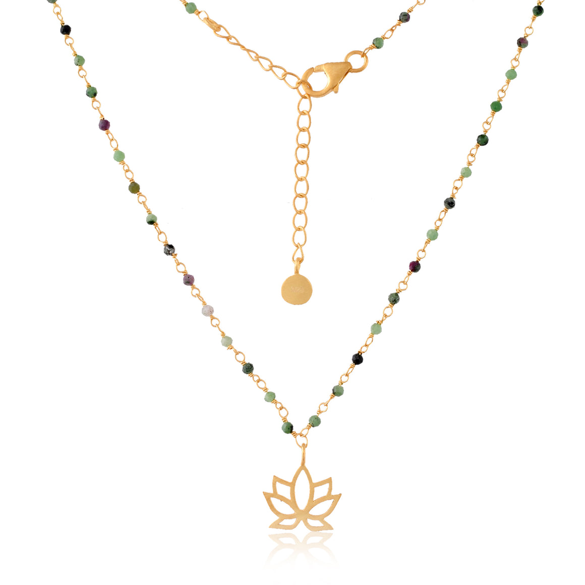 Ruby Zoisite beads knotted in gold wire with Lotus Pendant