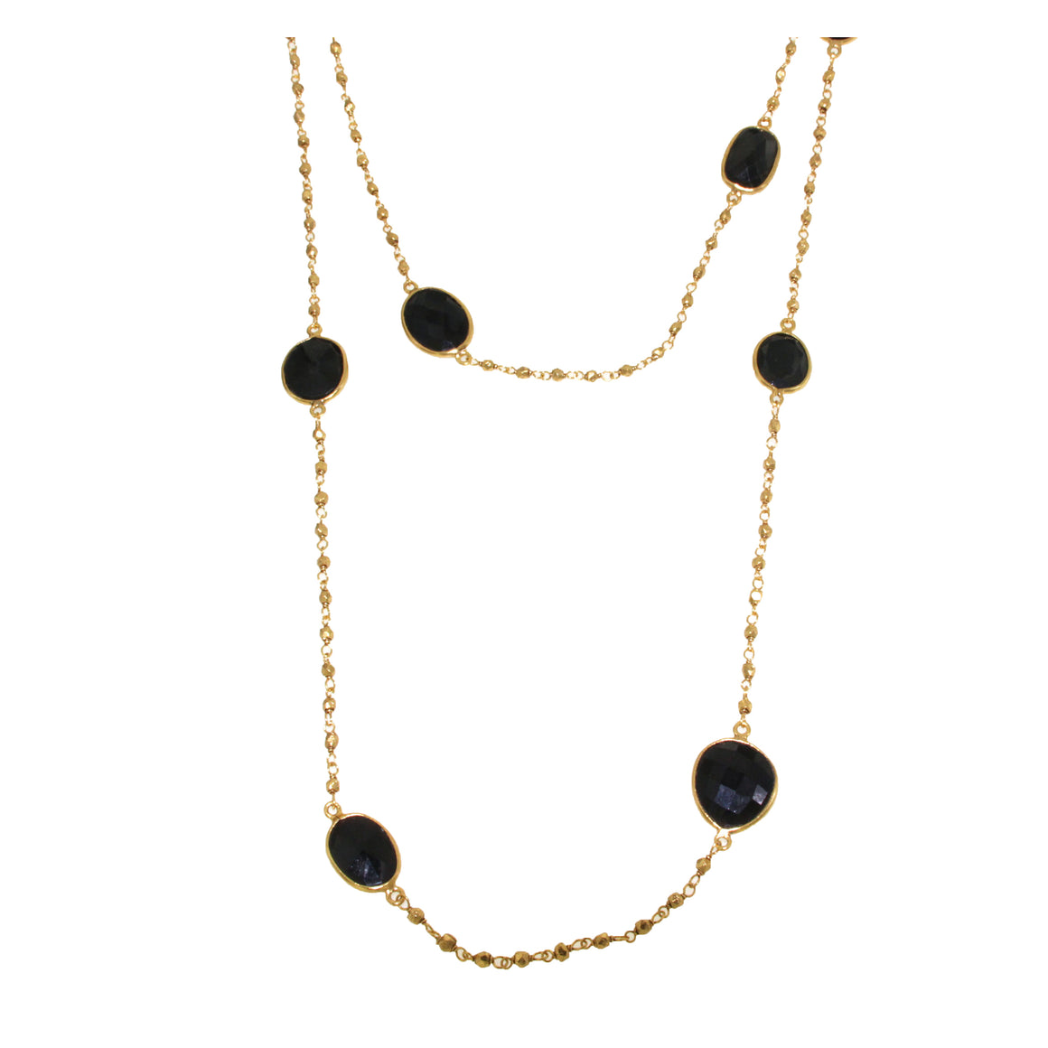 Classic handcrafted chain with Black Onyx strung along a 38" chain. A beautiful bezel set station necklace in one of our classic colors. Set in 22 carat Vermeil over Sterling Silver.