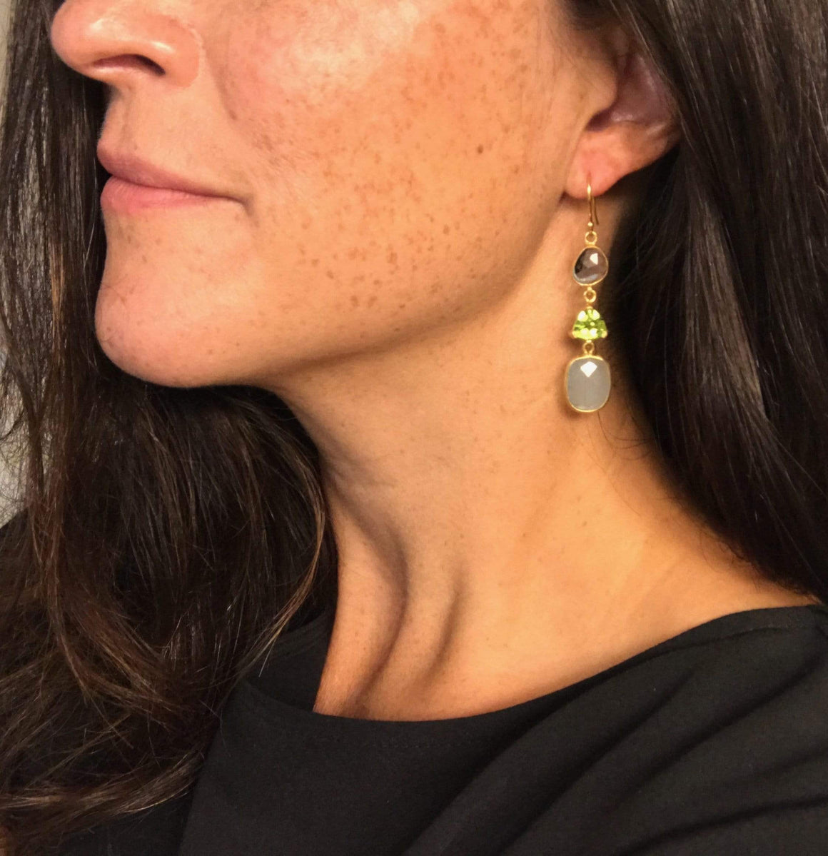 Manjusha Jewels Earrings Natalia Triple Gem Earring in Blue Topaz, Peridot and Green Amethyst